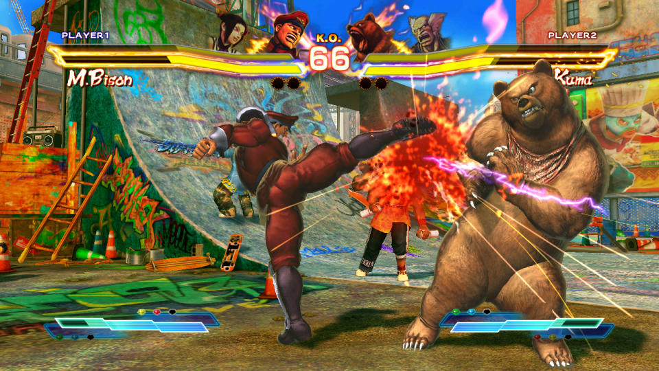 In this publicity photo provided by Capcom, a scene with M. Bison vs. Kuma from the "Street Fighter X Tekken" video game is shown. Capcom's "Street Fighter" game franchise marks its 25th anniversary at Comic Con July 12-15, 2012 in San Diego. (AP Photo/Capcom)