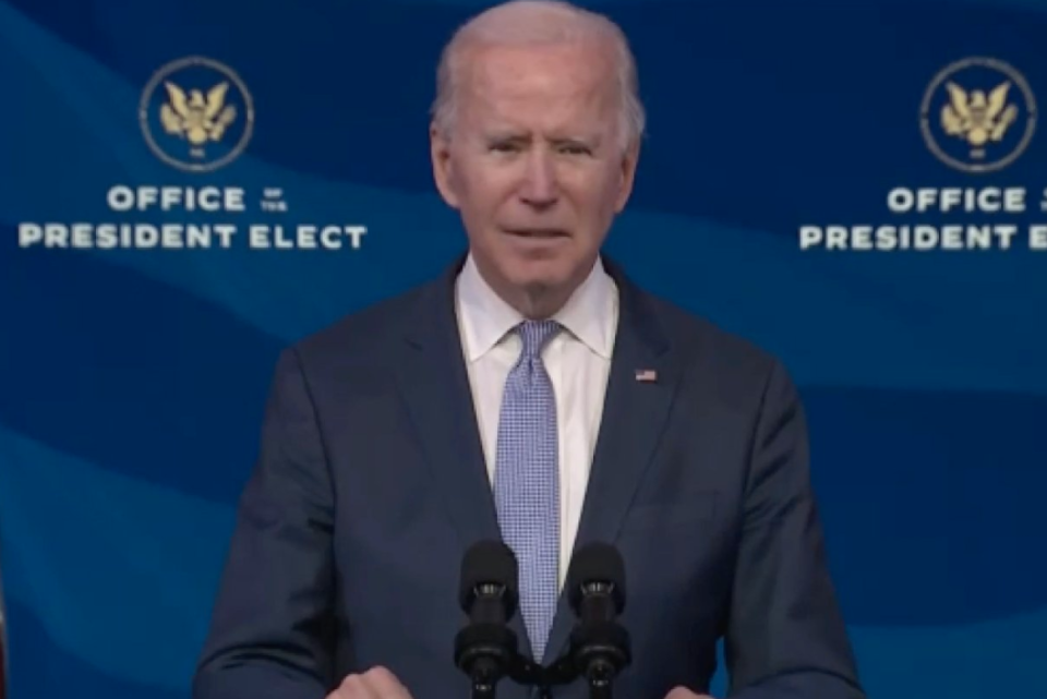 President-Elect Joe Biden speaks to media as protesters storm the US Capitol. 