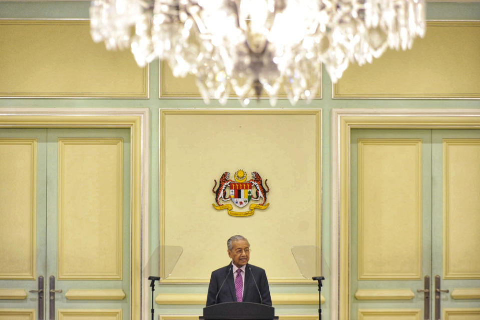 Interim Prime Minister Tun Mahathir Mohamad speaks during the economic stimulus package announcement at Perdana Putra building in Putrajaya February 27, 2020. — Picture by Shafwan Zaidon