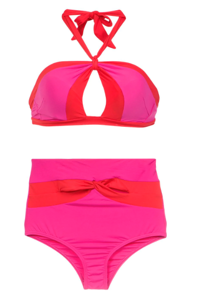 Pink and red colour block high waisted bikini bottoms and bikini top