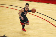 Texas Tech's Davide Moretti (25) dribbles the ball down the court during the first half of an NCAA college basketball game against Kentucky, Saturday, Jan. 25, 2020, in Lubbock, Texas. (AP Photo/Brad Tollefson)