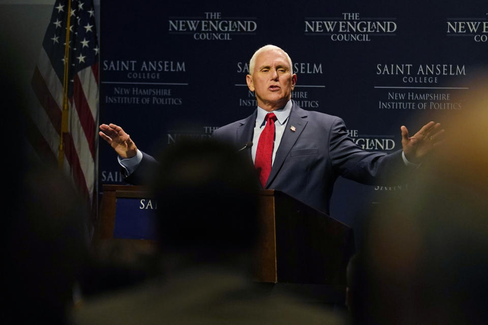 Former Vice President Mike Pence gestures during the "Politics and Eggs" breakfast gathering, Wednesday, Aug. 17, 2022, in Manchester, N.H. (AP Photo/Charles Krupa)