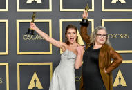 Directors Carol Dysinger and Elena Andreicheva, winners of the Documentary Feature award for “Learning to Skateboard in a Warzone (If You're a Girl),” pose in the press room during the 92nd Annual Academy Awards at Hollywood and Highland on February 09, 2020 in Hollywood, California. (Photo by Amy Sussman/Getty Images)