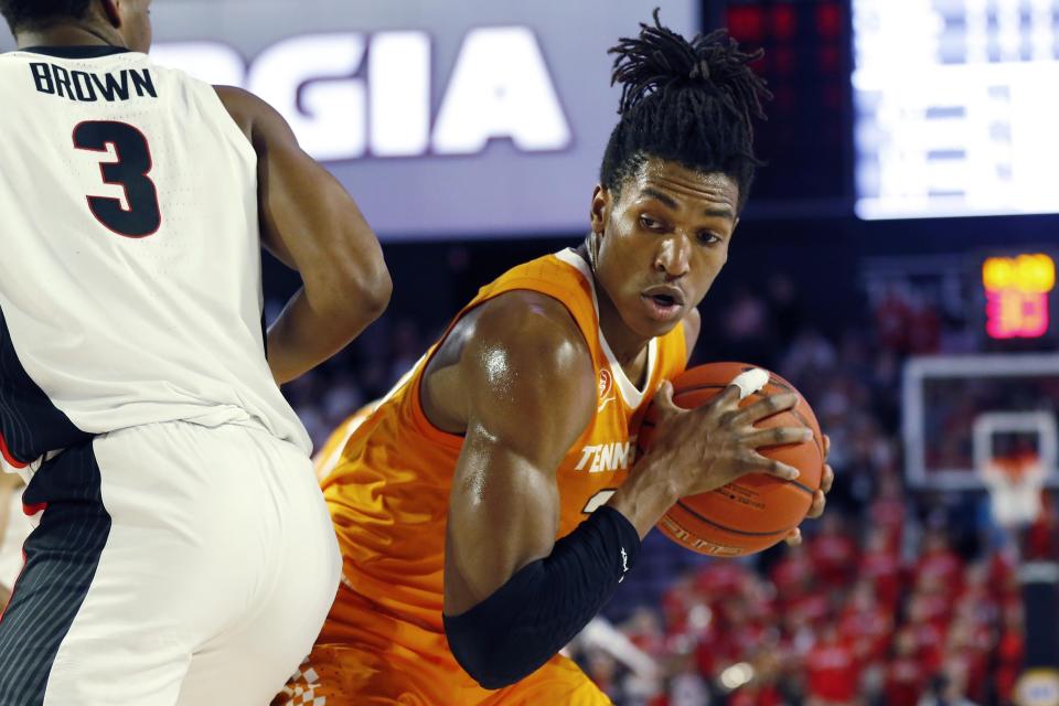 Tennessee's Yves Pons (35) comes up with a rebound during the first half of the team's NCAA college basketball game against Georgia on Wednesday, Jan. 15, 2020, in Athens, Ga. (Joshua L. Jones/Athens Banner-Herald via AP)