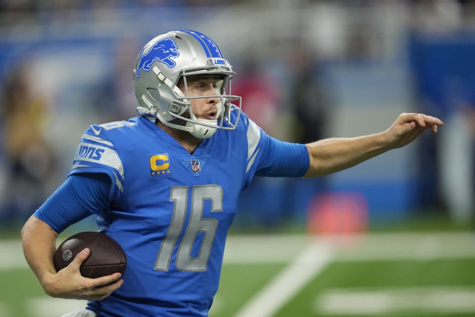 Detroit Lions' Jared Goff runs during the second half of an NFL football game against the Minnesota Vikings Sunday, Dec. 11, 2022, in Detroit. (AP Photo/Paul Sancya)
