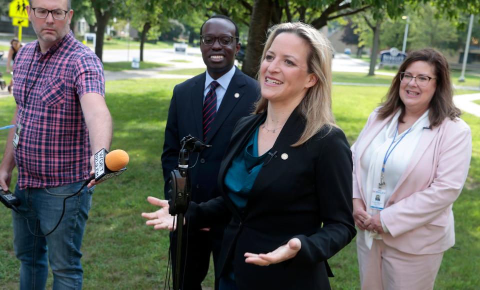 Michigan Secretary of State Jocelyn Benson talks with the news media during a news conference on Election Day outside Berkley High School, which housed polling stations for two precincts during the primary election Tuesday, Aug. 8, 2023.