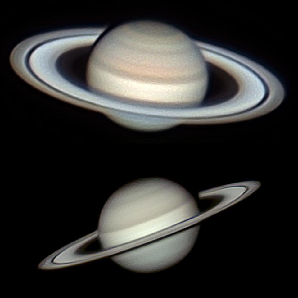 Two views of Saturn made through the author's 14-inch telescope show the changing perspective on the planet's ring system between August 2019 (top) and July 2023 (bottom).  In 2025, Saturn's rings will be presented edge-on for observers on Earth.