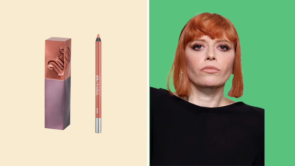 Natasha Lyonne's lip combination for the 2023 Golden Globes consisted of the Urban Decay Vice Lip Bond Glossy Liquid Lipstick in "Pleased" and the 24/7 Glide on Lip Pencil in "Naked."