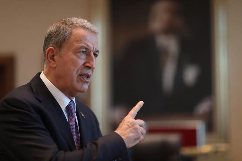 Turkish Defence Minister Akar speaks during an interview with Reuters in Ankara