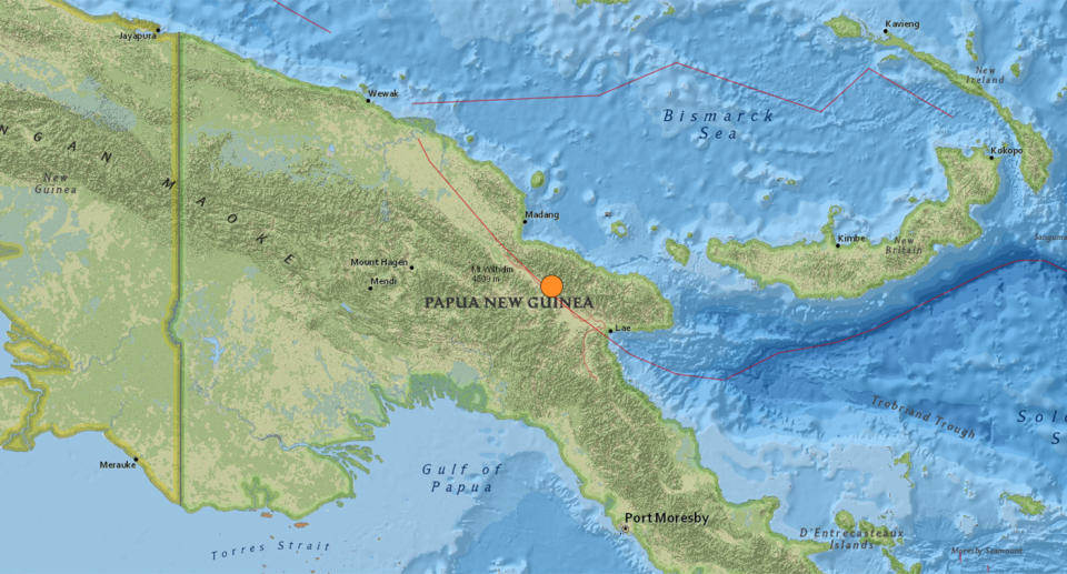 A map of Papua New Guinea showing the epicentre of the earthquake.