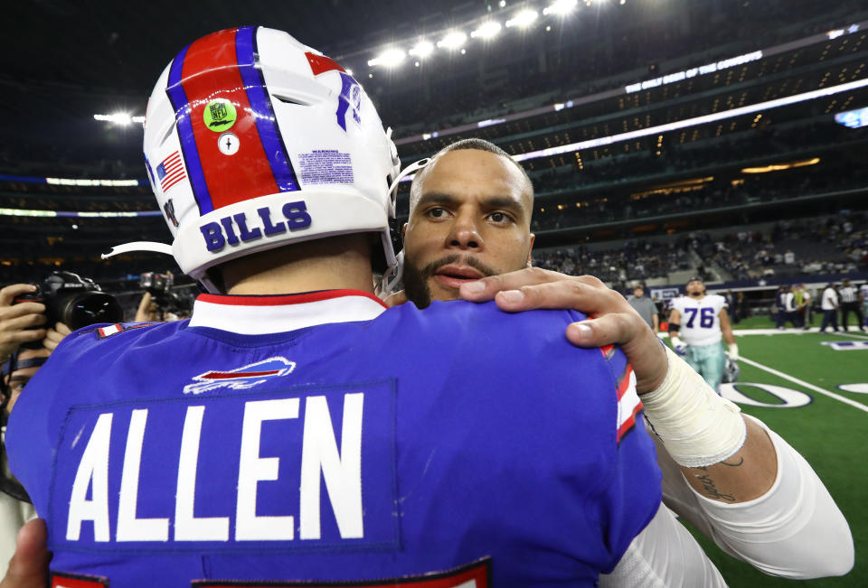 Josh Allen and Dak Prescott go head-to-head in Week 15. (Photo by Ronald Martinez/Getty Images)