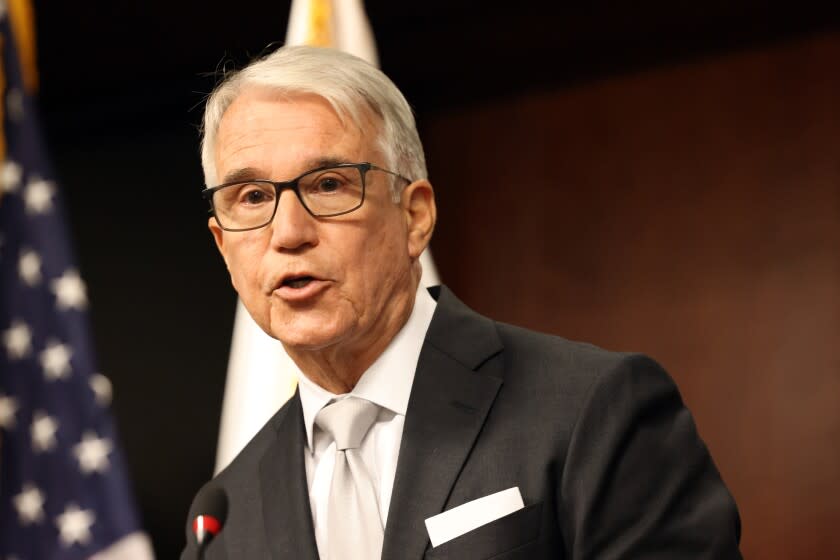 Los Angeles, CA - August 10: Los Angeles District Attorney George Gascon speaks at a press conference about the fatal shooting of off-duty Police Officer Gardiel Solorio by 17-year-old Carlos Daniel DelCid at the Hall of Justice on Wednesday, Aug. 10, 2022 in Los Angeles, CA. (Dania Maxwell / Los Angeles Times)