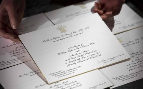 Prince Harry and Meghan Markle's wedding invitations, in a photo released March 22 - Credit: VICTORIA JONES