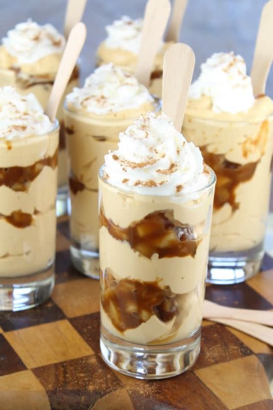 <p>Miss In The Kitchen</p><p>An incredibly delicious and impressive dessert that is quite easy to make! These mini desserts are perfect for parties, get-togethers and special occasions.</p><p><strong>Get the recipe: <a href="https://www.missinthekitchen.com/caramel-apple-pie-cheesecake-shooters/" rel="nofollow noopener" target="_blank" data-ylk="slk:Caramel Apple Pie Cheesecake Shooters;elm:context_link;itc:0;sec:content-canvas" class="link ">Caramel Apple Pie Cheesecake Shooters</a></strong></p>