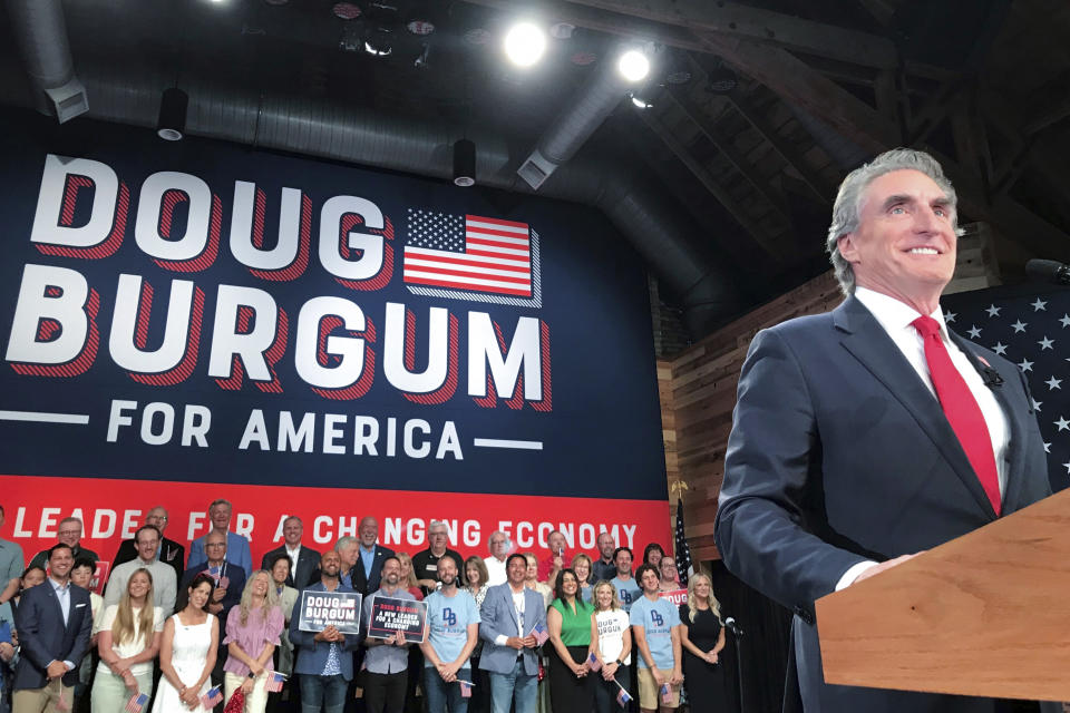 North Dakota Gov. Doug Burgum speaks as he kicks off his campaign for the 2024 Republican presidential nomination, Wednesday, June 7, 2023 in Fargo, N.D. Burgum, 66, joins a long list of contenders hoping to dent former President Donald Trump’s early lead in the race. The governor of the nation's fourth-least populous state announced his candidacy in The Wall Street Journal. (AP Photo/Jack Dura)