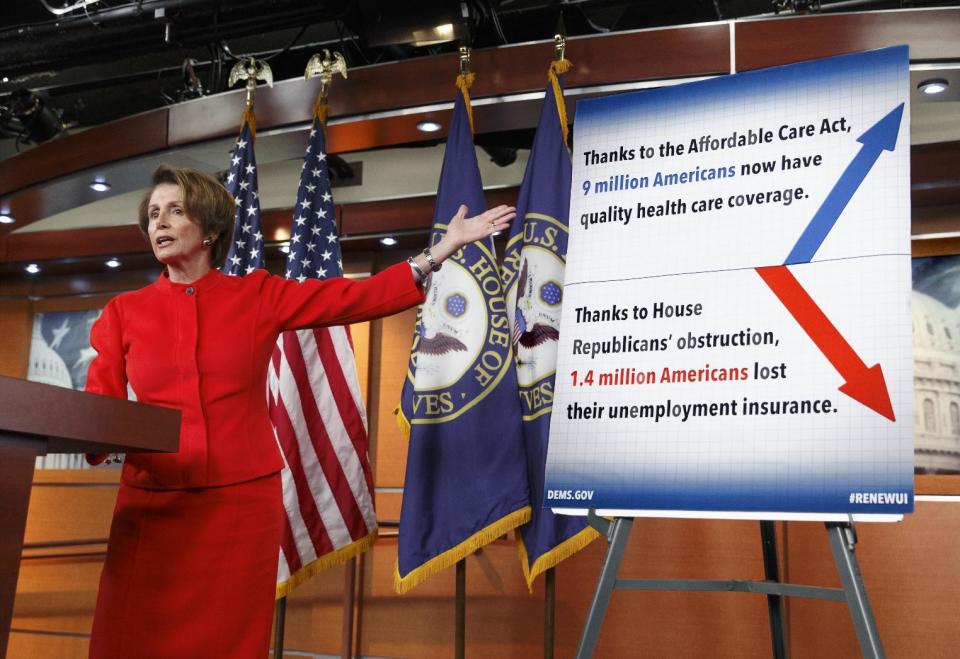 House Minority Leader Nancy Pelosi of Calif. meets with reporters on Capitol Hill in Washington, Thursday, Jan. 9, 2014. The top Democrat in the Republican-controlled House focused on the Affordable Care Act and the fight to pass immigration reform. (AP Photo/J. Scott Applewhite)