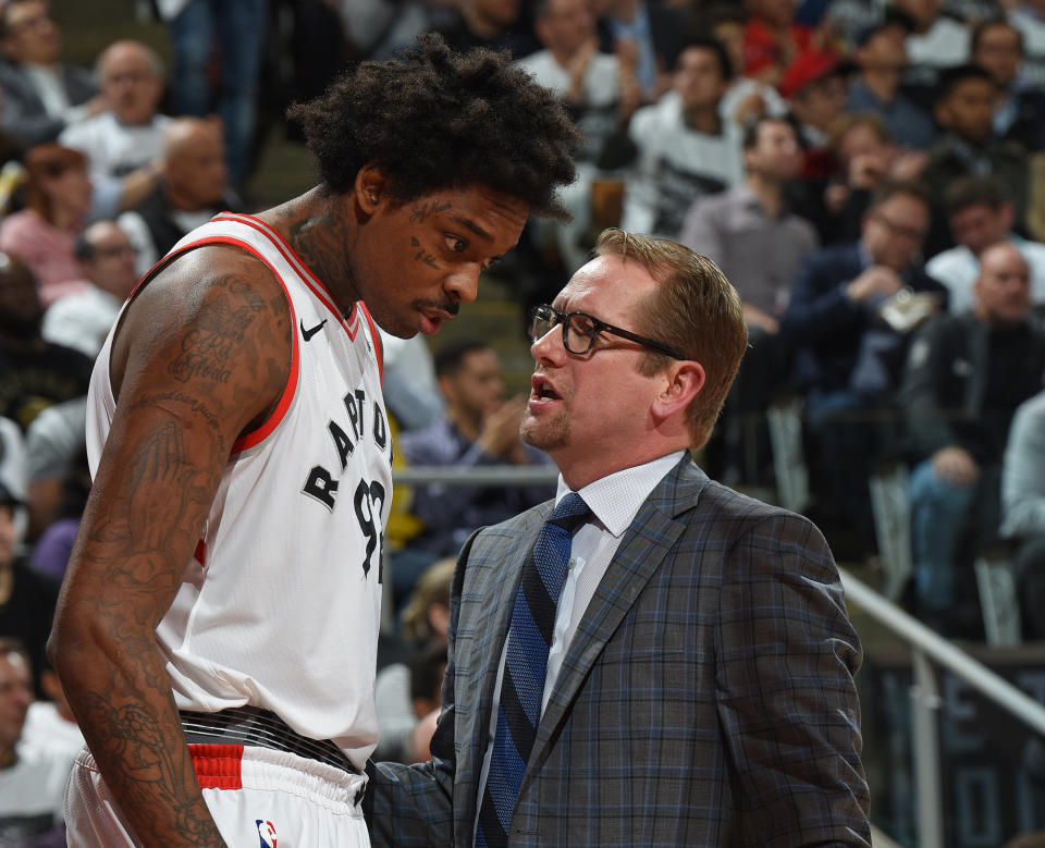 After serving as an assistant on Dwane Casey’s staff since 2013, Nick Nurse (right) will reportedly become the Toronto Raptors’ new head coach. (Getty)