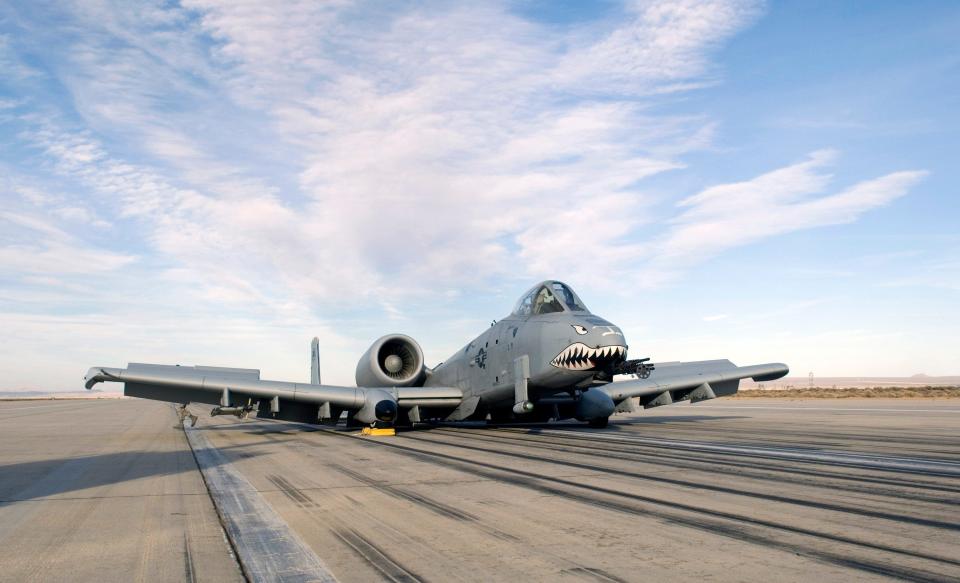 An A-10 sits on the runway after making an emergency landing March 25 at Edwards Air Force Base, Calif