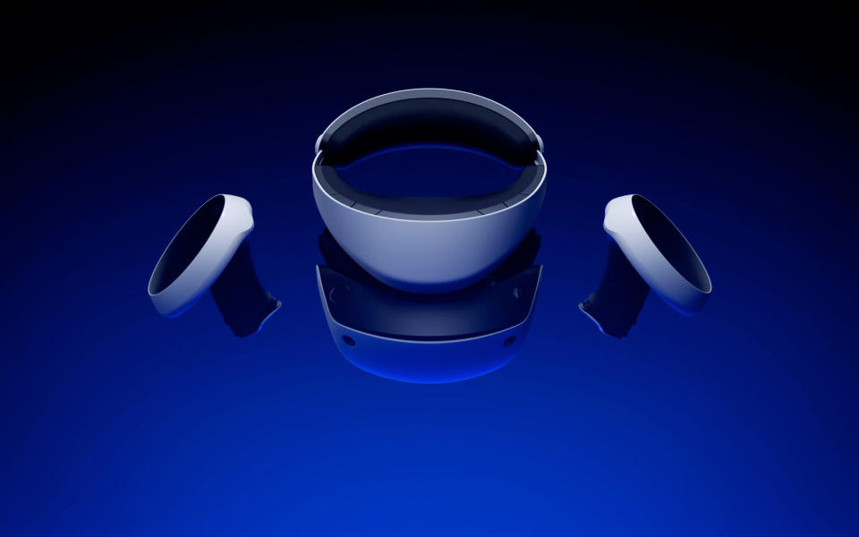 A 3D product render of a white PlayStation VR2 headset on a blue background.