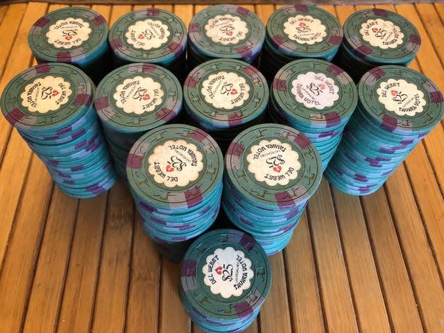 Stacks of Sahara poker chips, part of Doug Balduini's collection.