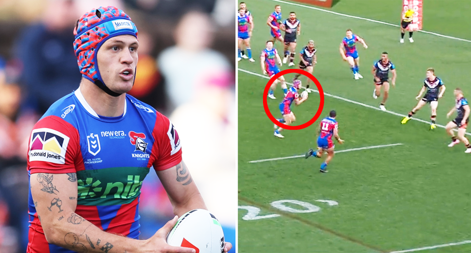 Kalyn Ponga is pictured setting up a try for Fletcher Sharpe in a superb display for the Knights.