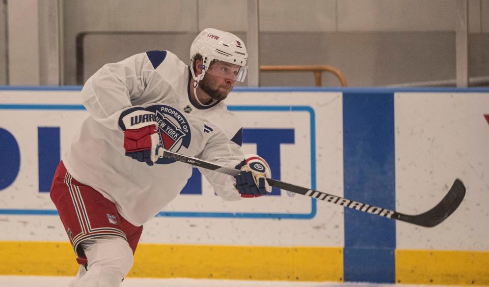 Zac Jones skates during the first day of the New York Rangers training camp at their practice facility in Greenburgh, N.Y. Sept. 19, 2024.