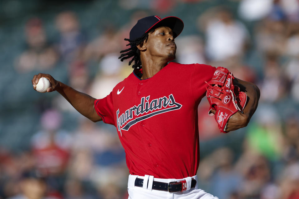 Cleveland Guardians starting pitcher Triston McKenzie throws against the Minnesota Twins during the first inning of a baseball game Monday, June 27, 2022, in Cleveland. (AP Photo/Ron Schwane)