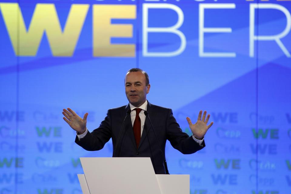 European People's Party candidate Manfred Weber delivers a speech at Zappio Congress Hall in Athens on Tuesday, April 23, 2019. Weber is in Greece for the official launch of his campaign for the May 23-26 European Parliament elections. (AP Photo/Thanassis Stavrakis)