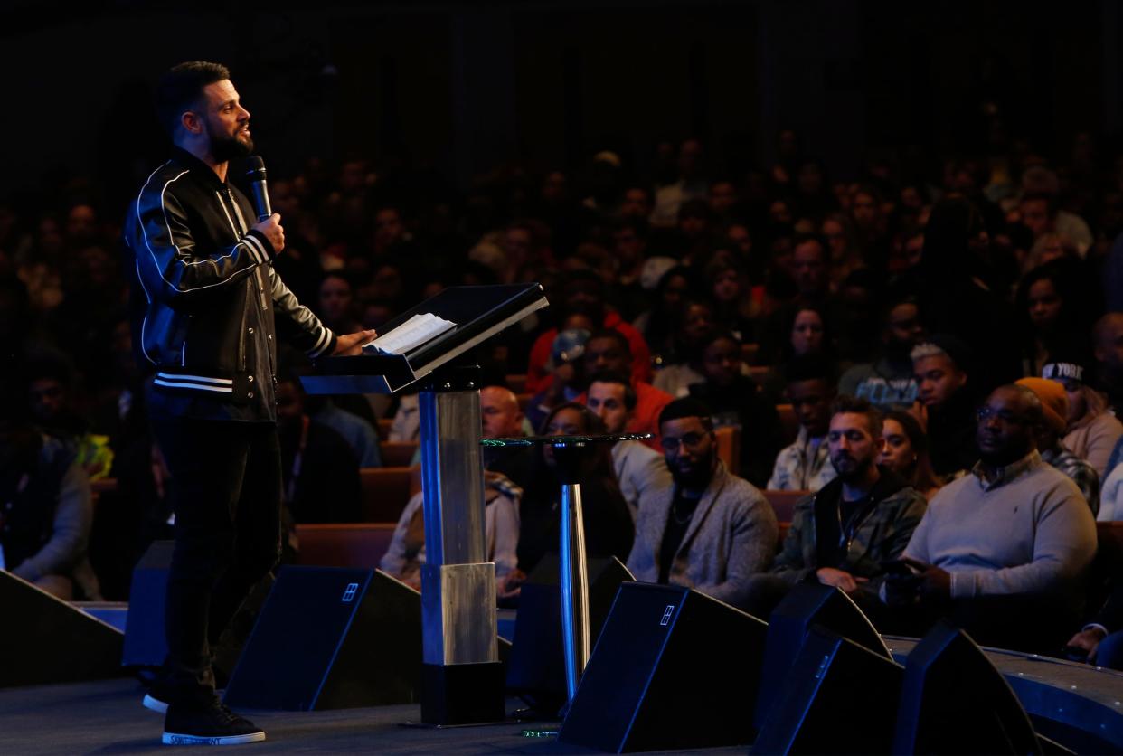 Steven Furtick, pastor of Elevation Church in North Carolina, at an event in Greenville on Nov. 14, 2018. Furtick's church notified Southern Baptist Convention leaders on June 26 it's pulling it's affiliation with the SBC, a surprising announcement for the megachurch that coincides with broader denominational turmoil.