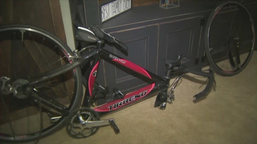 Alvaro Cortez’s bike after he was struck by a hit-and-run driver in Riverside County. (KTLA)
