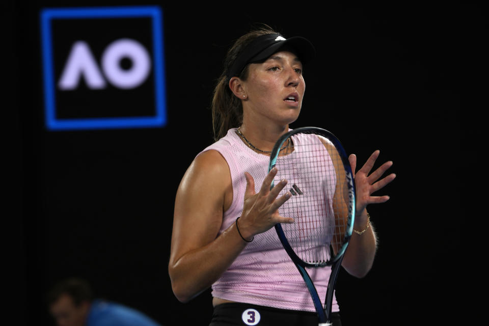 Jessica Pegula of the U.S. reacts during her quarterfinal against Victoria Azarenka of Belarus at the Australian Open tennis championship in Melbourne, Australia, Tuesday, Jan. 24, 2023. (AP Photo/Ng Han Guan)