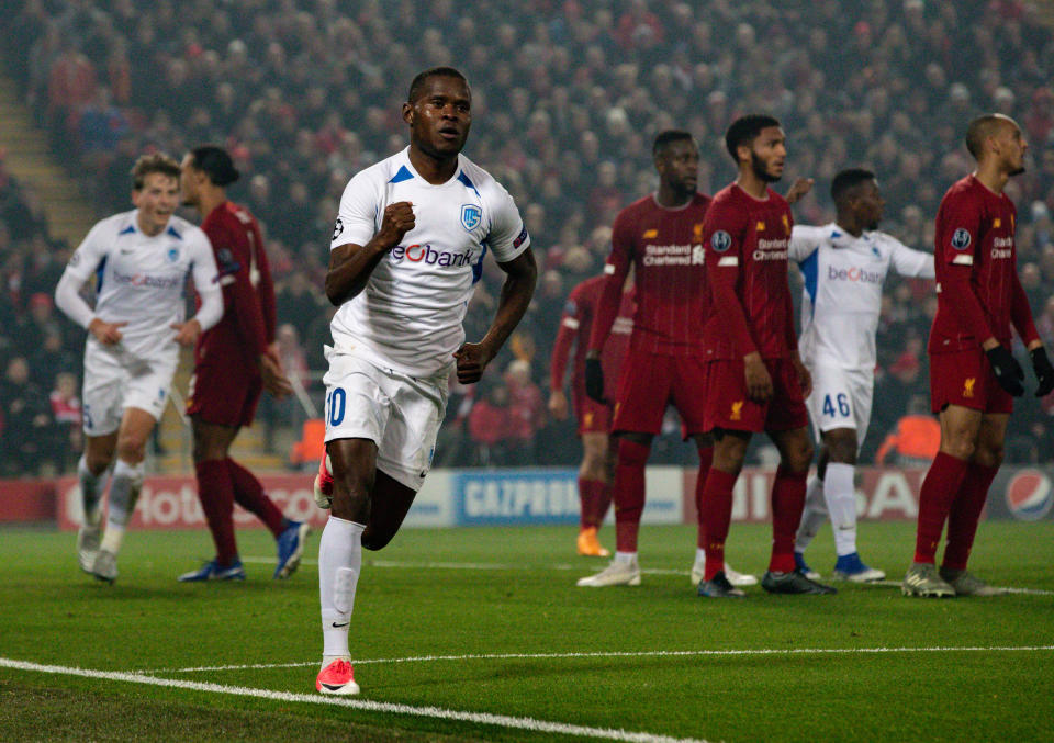 LIVERPOOL, ENGLAND - NOVEMBER 05: KRC Genk's Mbwana Samatta celebrates after scoring his side's first goal during the UEFA Champions League group E match between Liverpool FC and KRC Genk at Anfield on November 5, 2019 in Liverpool, United Kingdom. (Photo by Alex Dodd - CameraSport via Getty Images)