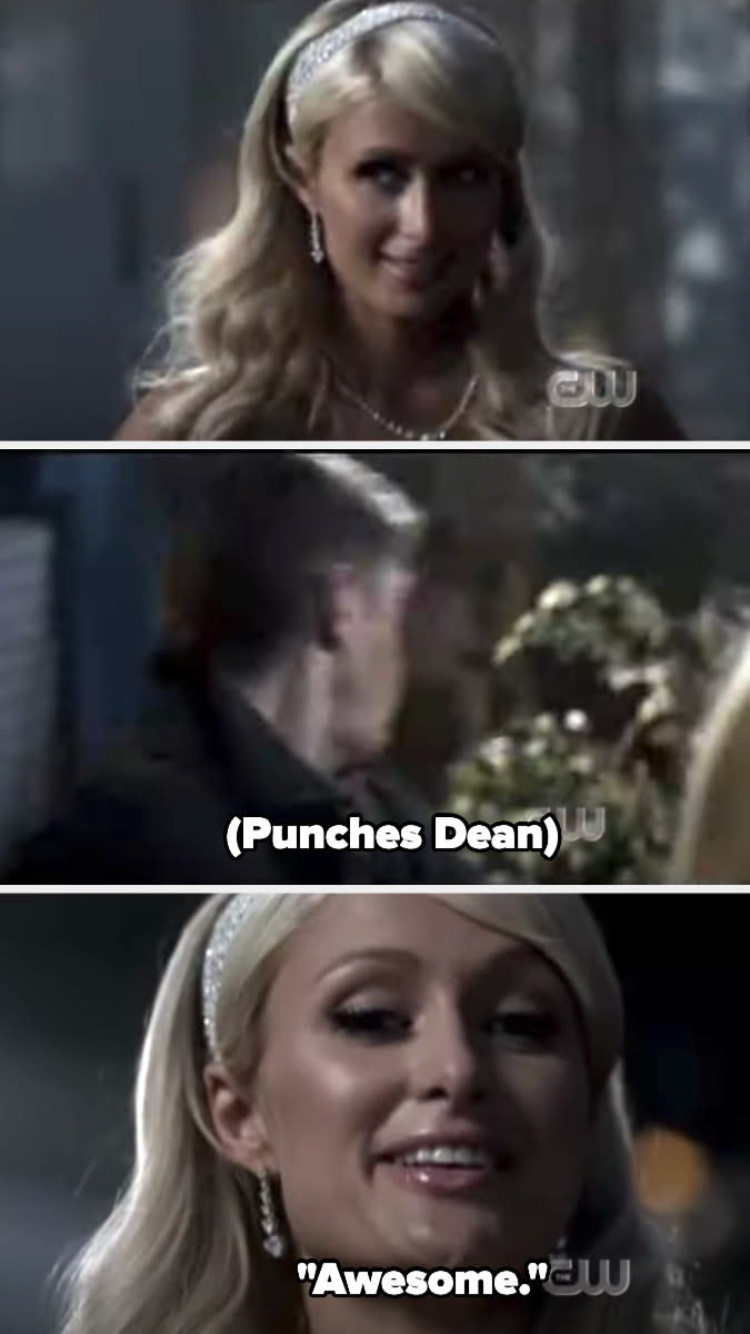 Paris appears, punches Dean, and says "awesome"