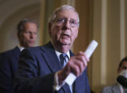 Senate Minority Leader Mitch McConnell, R-Ky., joined by Senate Minority Whip John Thune, R-S.D., speaks to reporters after a Republican policy meeting, at the Capitol in Washington, Tuesday, Sept. 28, 2021. (AP Photo/J. Scott Applewhite)