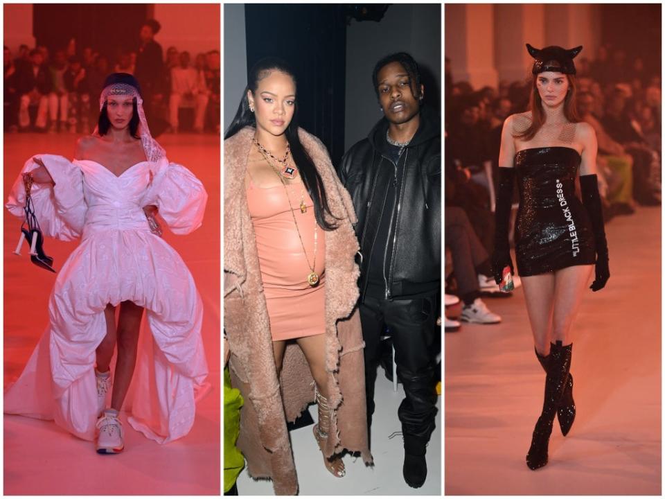 Bella Hadid and Kendall Jenner were among the models at the Off-White show (left and right), while Rihanna and boyfriend A$AP Rocky were front row guests (centre) (Getty)