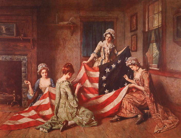 An old rendering of Betsy Ross making the flag