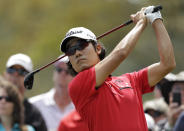 Kevin Na tees off on the second hole during the final round of the Valspar Championship golf tournament at Innisbrook, Sunday, March 16, 2014, in Palm Harbor, Fla. (AP Photo/Chris O'Meara)