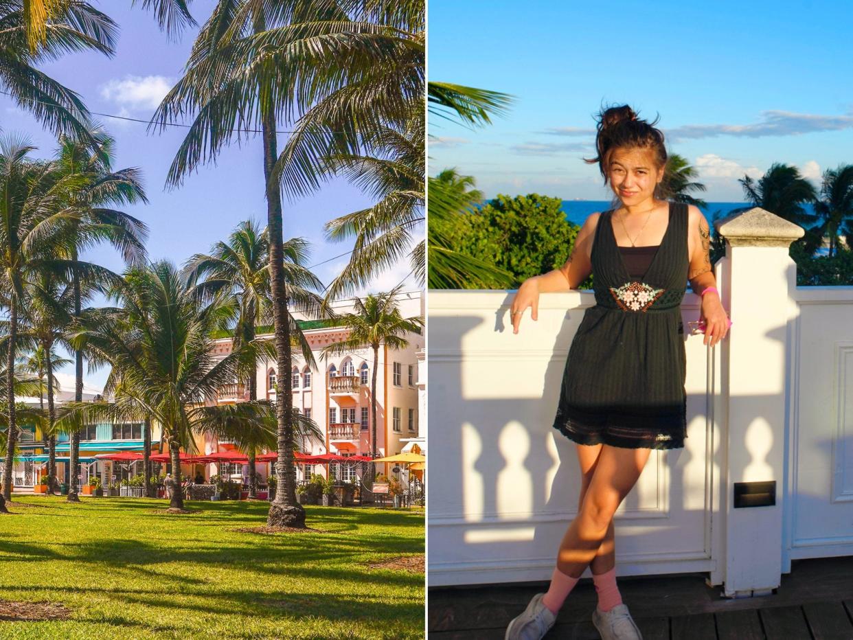 Two images. Left: A grassy field full of palm trees with colorful buildings on a street behind it. Right: The author stands o a balcony with the ocean and palm trees in the background