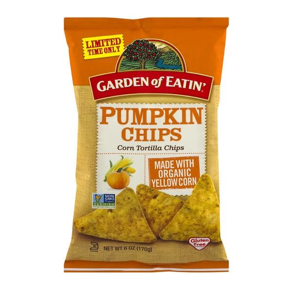 <p><a href="https://go.redirectingat.com?id=74968X1596630&url=https%3A%2F%2Fwww.instacart.com%2Fproducts%2F82318-garden-of-eatin-pumpkin-corn-tortilla-chips-6-oz&sref=https%3A%2F%2F" rel="nofollow noopener" target="_blank" data-ylk="slk:Shop Now;elm:context_link;itc:0;sec:content-canvas" class="link ">Shop Now</a></p><p>Pumpkin Chips</p><p>instacart.com</p><p>$6.00</p>