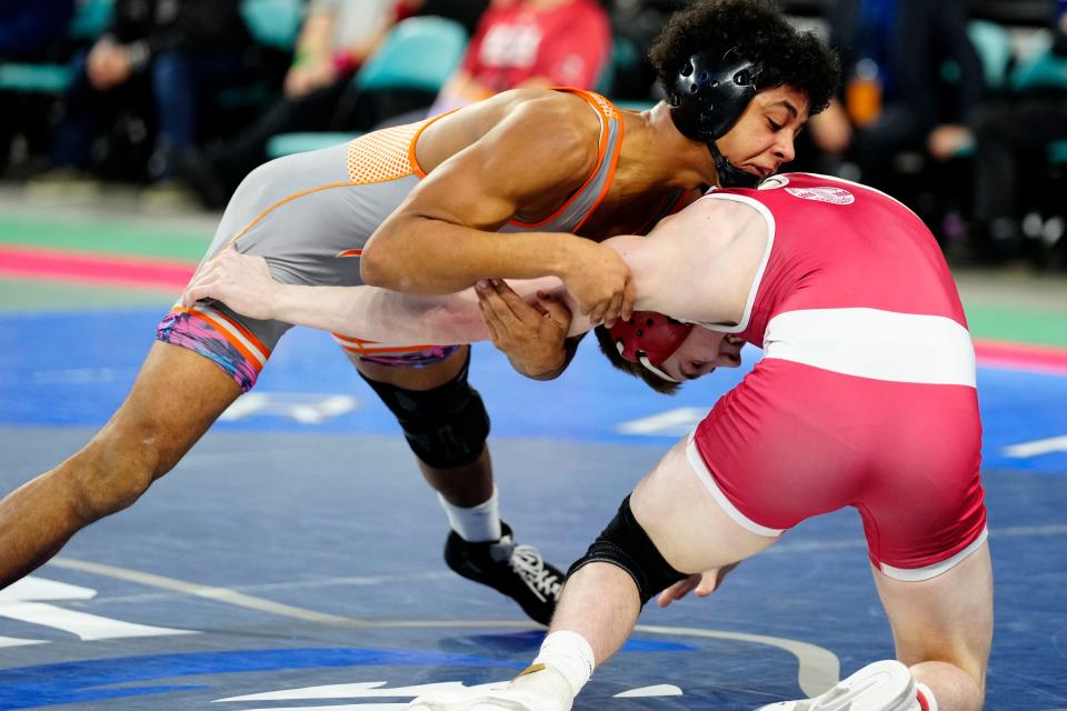 Jeremy Quezada, of Dumont, is shown against Chase Bish, of Paulsboro, at the NJSIAA Wrestling State Championships, Friday, March 1, 2024, in Atlantic City. Quezada went on to win the 150 pound match.