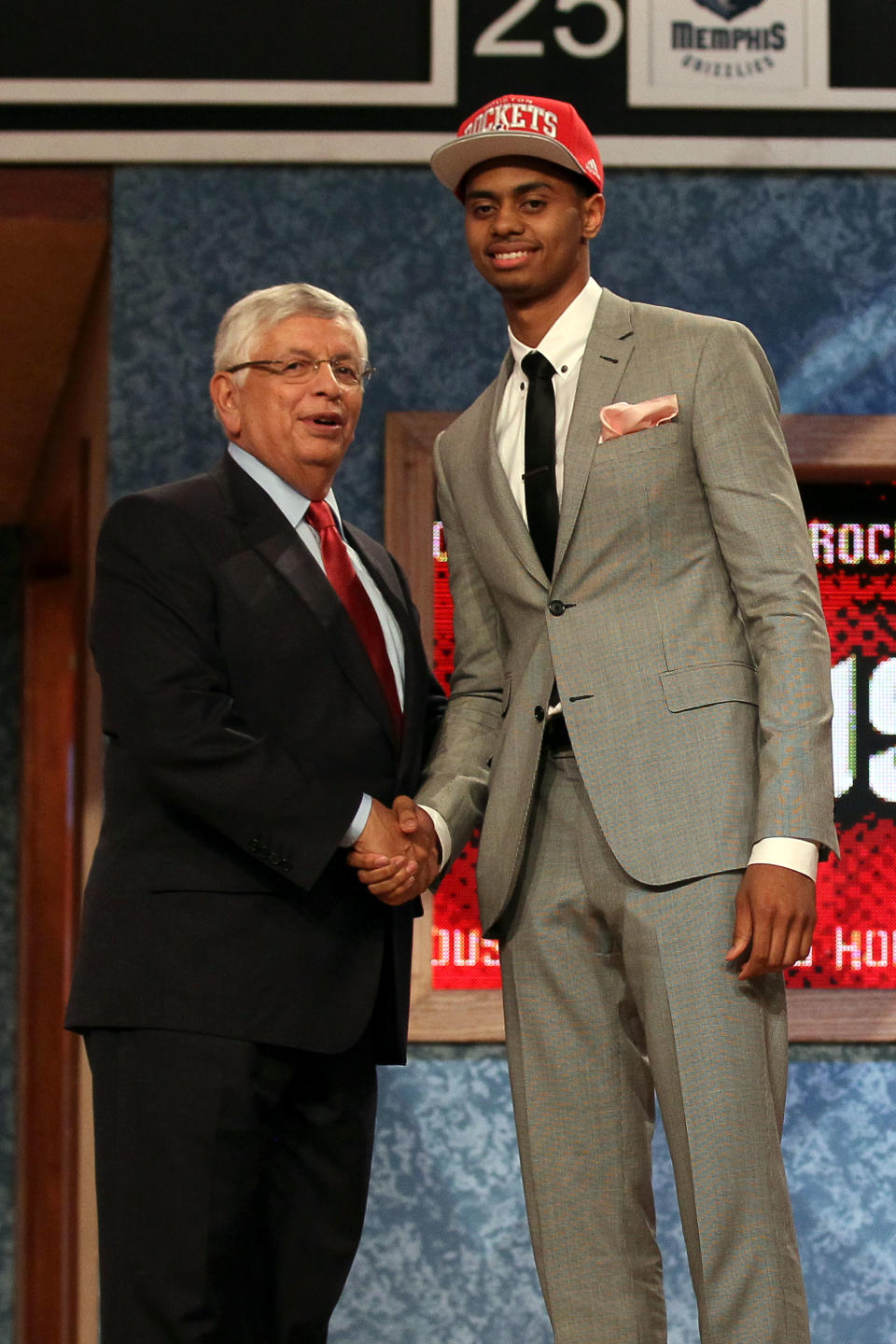 NEWARK, NJ - JUNE 28: Jeremy Lamb (R) of the Connecticut Huskies greets NBA Commissioner David Stern (L) after he was selected number twelve overall by the Houston Rockets during the first round of the 2012 NBA Draft at Prudential Center on June 28, 2012 in Newark, New Jersey. NOTE TO USER: User expressly acknowledges and agrees that, by downloading and/or using this Photograph, user is consenting to the terms and conditions of the Getty Images License Agreement. (Photo by Elsa/Getty Images)