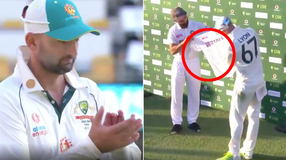 India captain Ajinkya Rahane is seen here presenting Nathan Lyon with a signed jersey for his 100th Test.