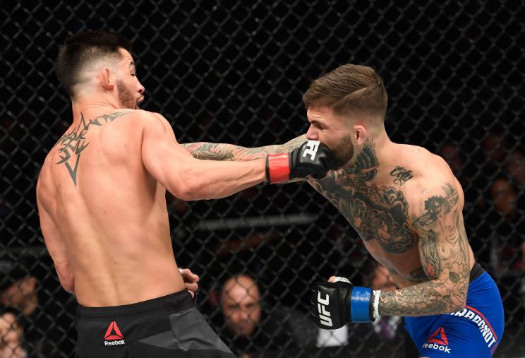 Dominick Cruz (L) and Cody Garbrandt land punches on each other during their UFC 207 bout. (Getty)