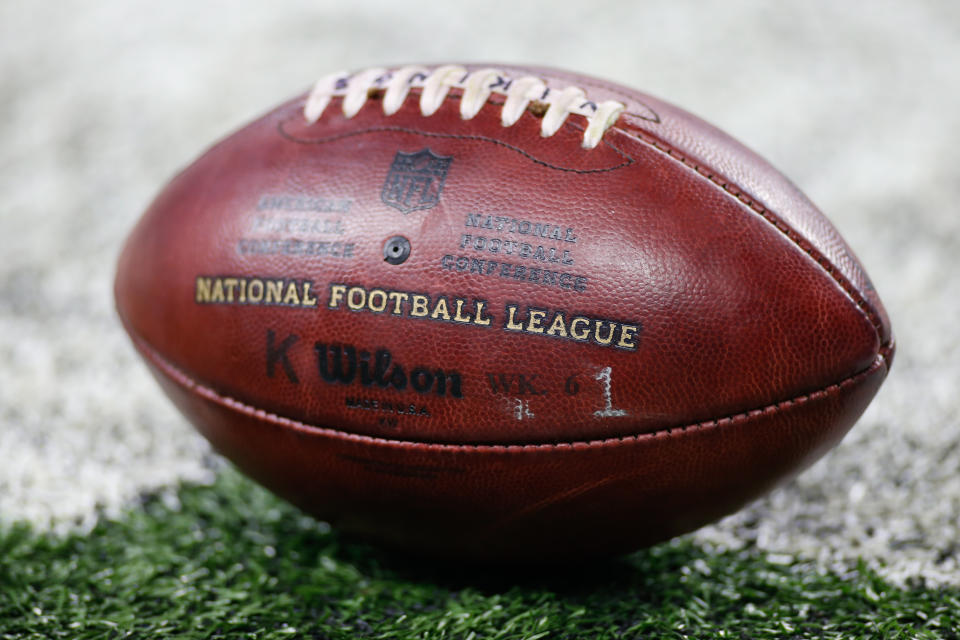 DETROIT, MI - NOVEMBER 23:  A general view of one of the game footballs sitting on the turf during game action between the Minnesota Vikings and the Detroit Lions on November 23, 2017 at Ford Field in Detroit, Michigan.  (Photo by Scott W. Grau/Icon Sportswire via Getty Images)