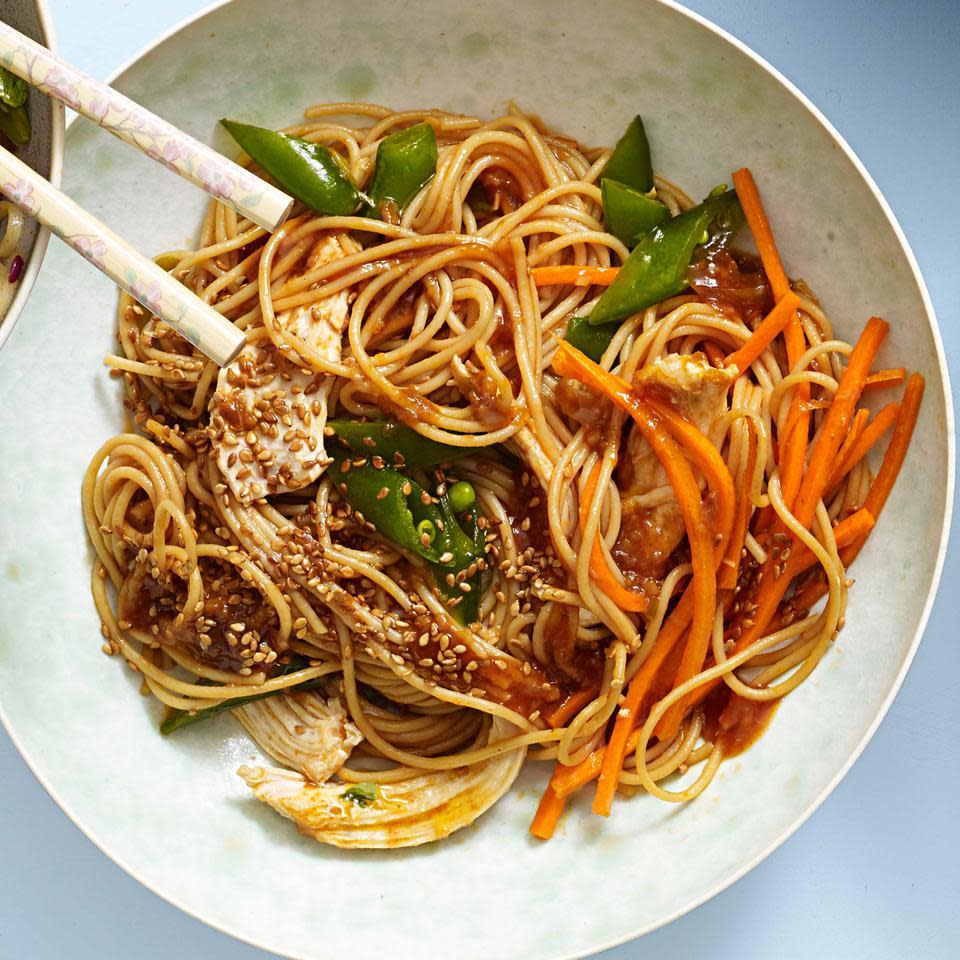 <p>Sesame noodles become a satisfying meal with lean chicken and tons of veggies in this quick, healthy noodle recipe. Be sure to rinse the spaghetti until it's cold, then give it a good shake in the colander until it's well drained. Are you a spiralizing pro? Swap 5 cups of raw zucchini, carrot or other veggie "noodles" for the cooked pasta. <a href="https://www.eatingwell.com/recipe/254642/classic-sesame-noodles-with-chicken/" rel="nofollow noopener" target="_blank" data-ylk="slk:View Recipe;elm:context_link;itc:0;sec:content-canvas" class="link ">View Recipe</a></p>