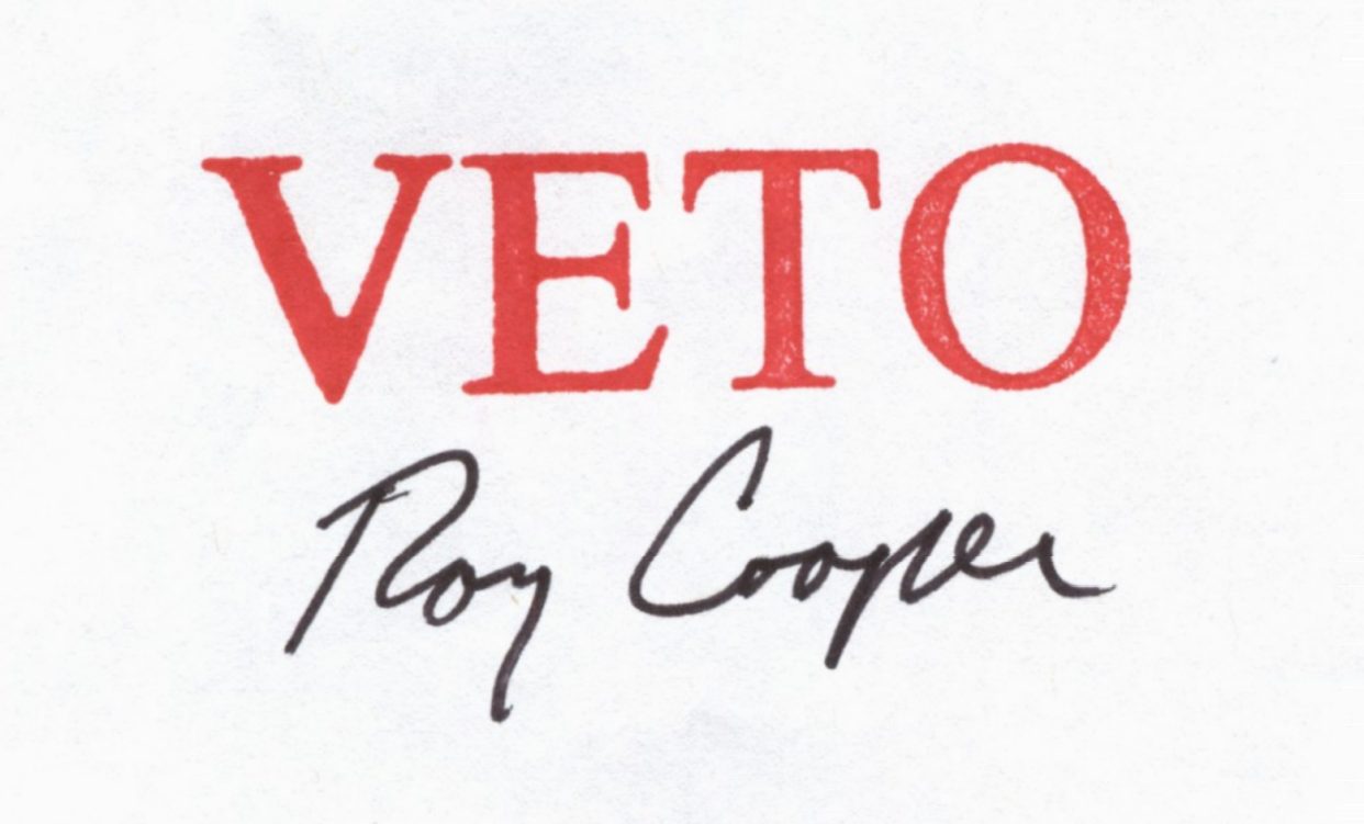 Democratic Gov. Roy Cooper’s veto stamp on the 2019-2020 state budget, from late June 2019. Cooper’s fellow Democrats in the General Assembly prevented the Republican majority from overriding Cooper’s vetoes. The outcome of the 2022 elections could give Republicans supermajority control of the legislature, rendering Cooper’s veto useless.