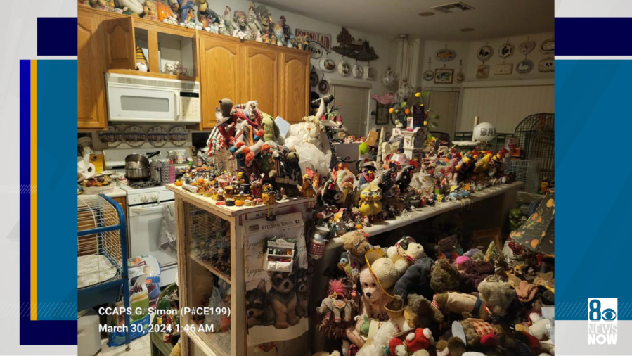 <em>Officers found dozens of animals deceased in a freezer in the kitchen of a cluttered home as part of an ongoing animal abuse and hoarding case. (Clark County/KLAS)</em>