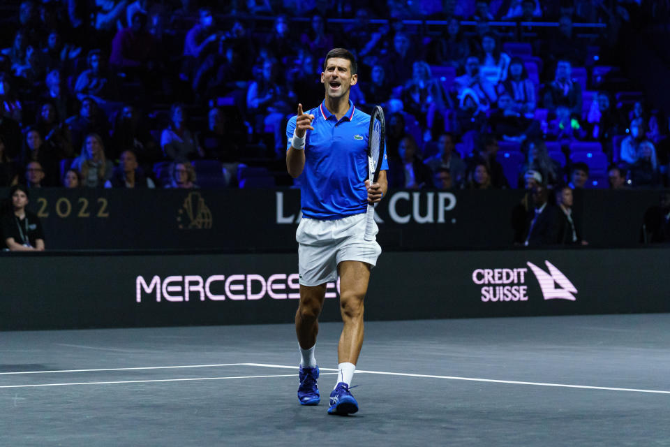 LONDON, ENGLAND - SEPTEMBER 24: Novak Djokovic of Serbia and Matteo Berrettini of Italy in action for Team Europe against Jack Sock of the United States and Alex De Minaur of Australia of Team World at the Laver Cup at The O2 Arena on September 24, 2022 in London, England. (Photo by Frey/TPN/Getty Images)