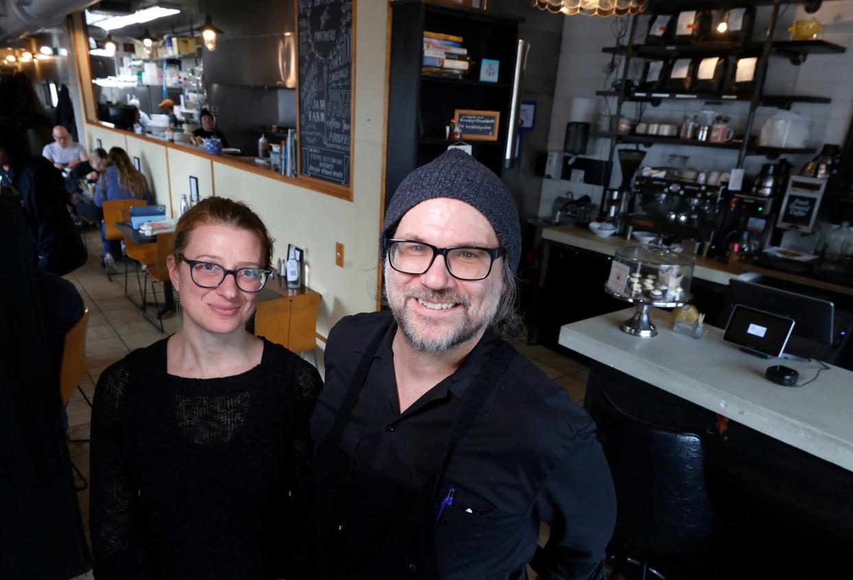 Brooklyn Street Local co-owners Deveri Gifford, left, and Jason Yates, both 42, of Detroit, inside their restaurant on Michigan near Trumbull on Thursday, March 7, 2024. The owners are hoping that the upcoming NFL draft happening in Detroit near the end of April helps bring more customers to them.
