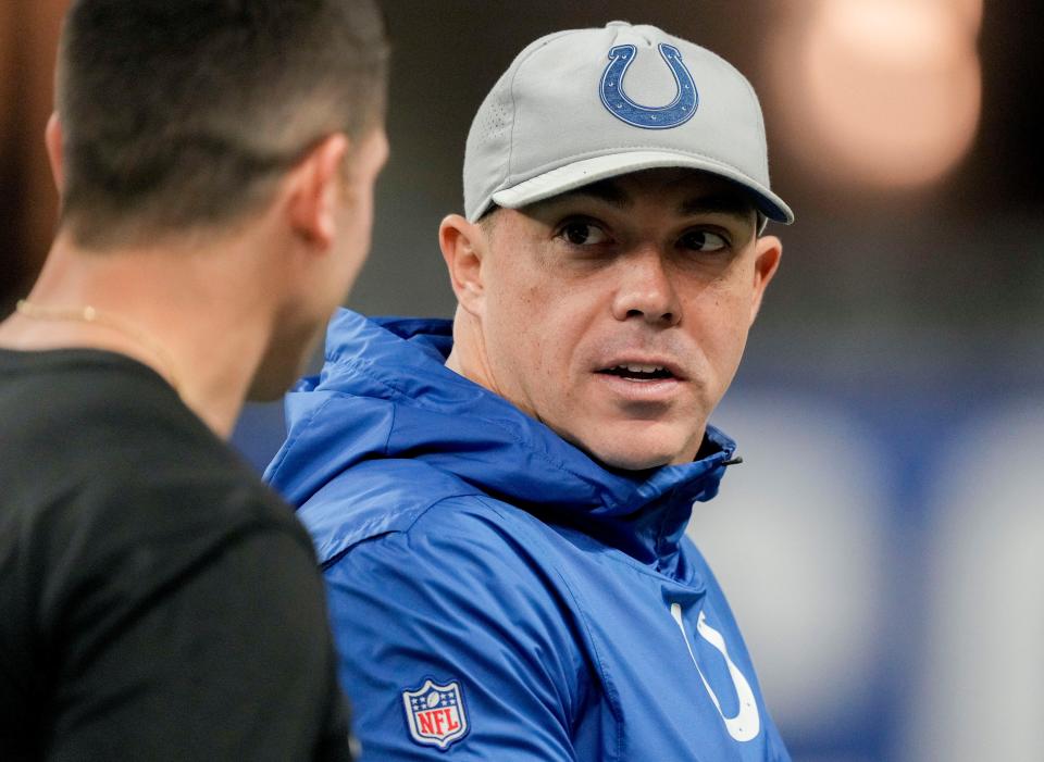 Indianapolis Colts Special Teams Coordinator Bubba Ventrone talks on the sideline Sunday, Jan. 8, 2023, before a game against the Houston Texans at Lucas Oil Stadium in Indianapolis.